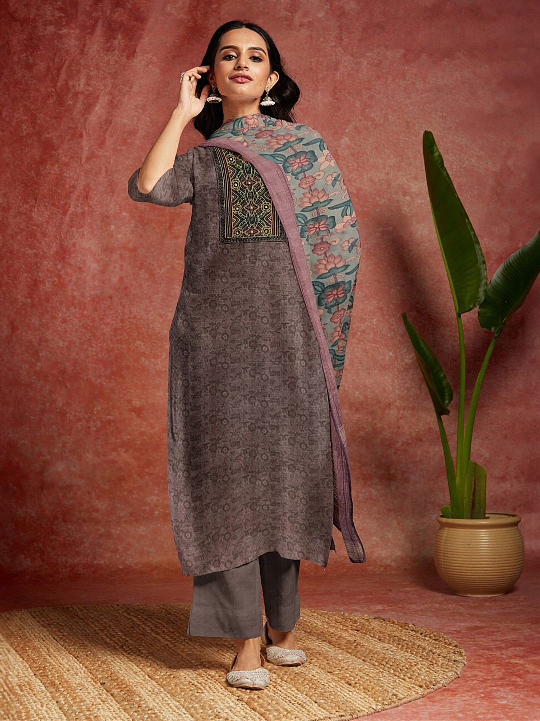 

Libas Printed Unstitched Dress Material, Brown