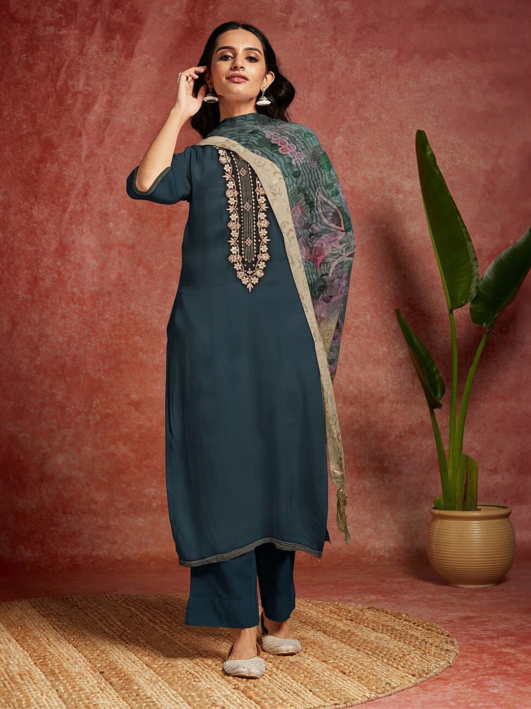 

Libas Floral Printed Unstitched Dress Material, Teal