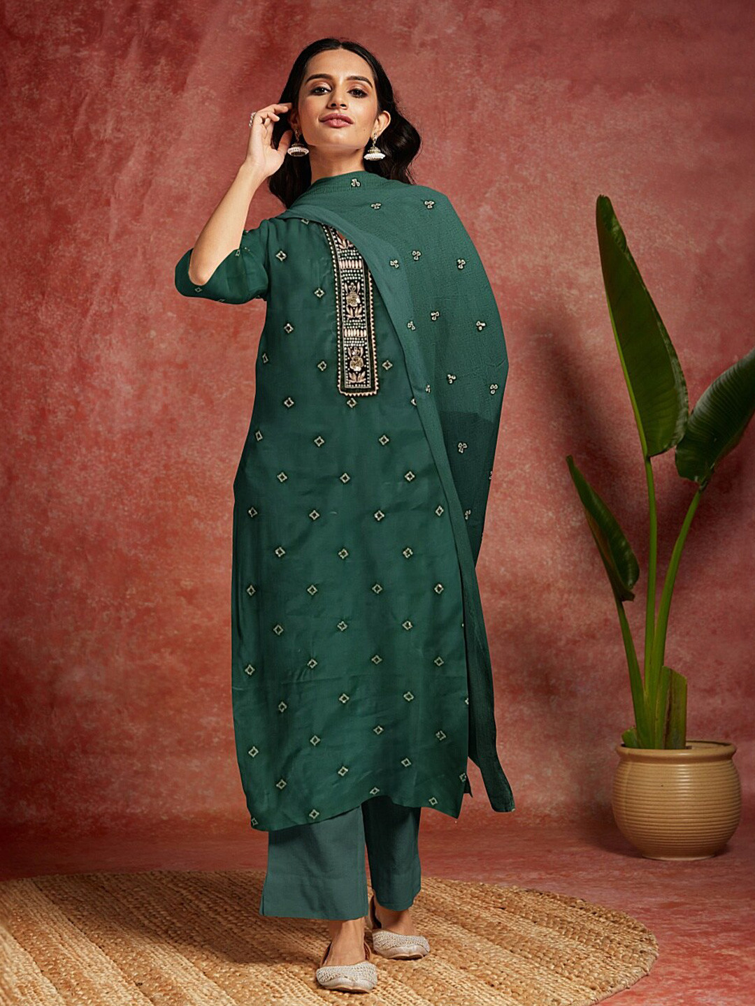 

Libas Geometric Woven Design Unstitched Dress Material, Green