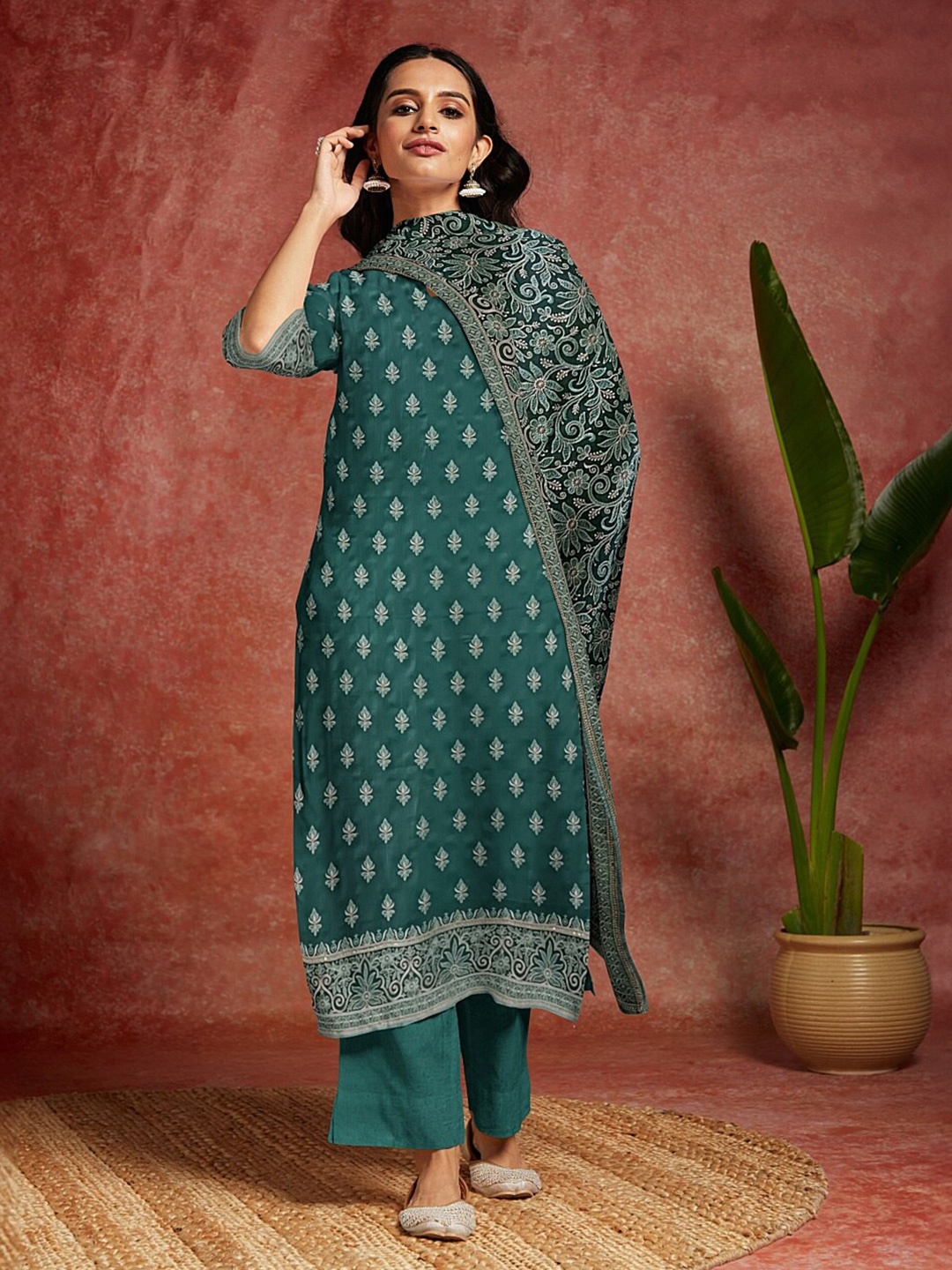 

Libas Ethnic Motifs Printed Organza Unstitched Dress Material, Green