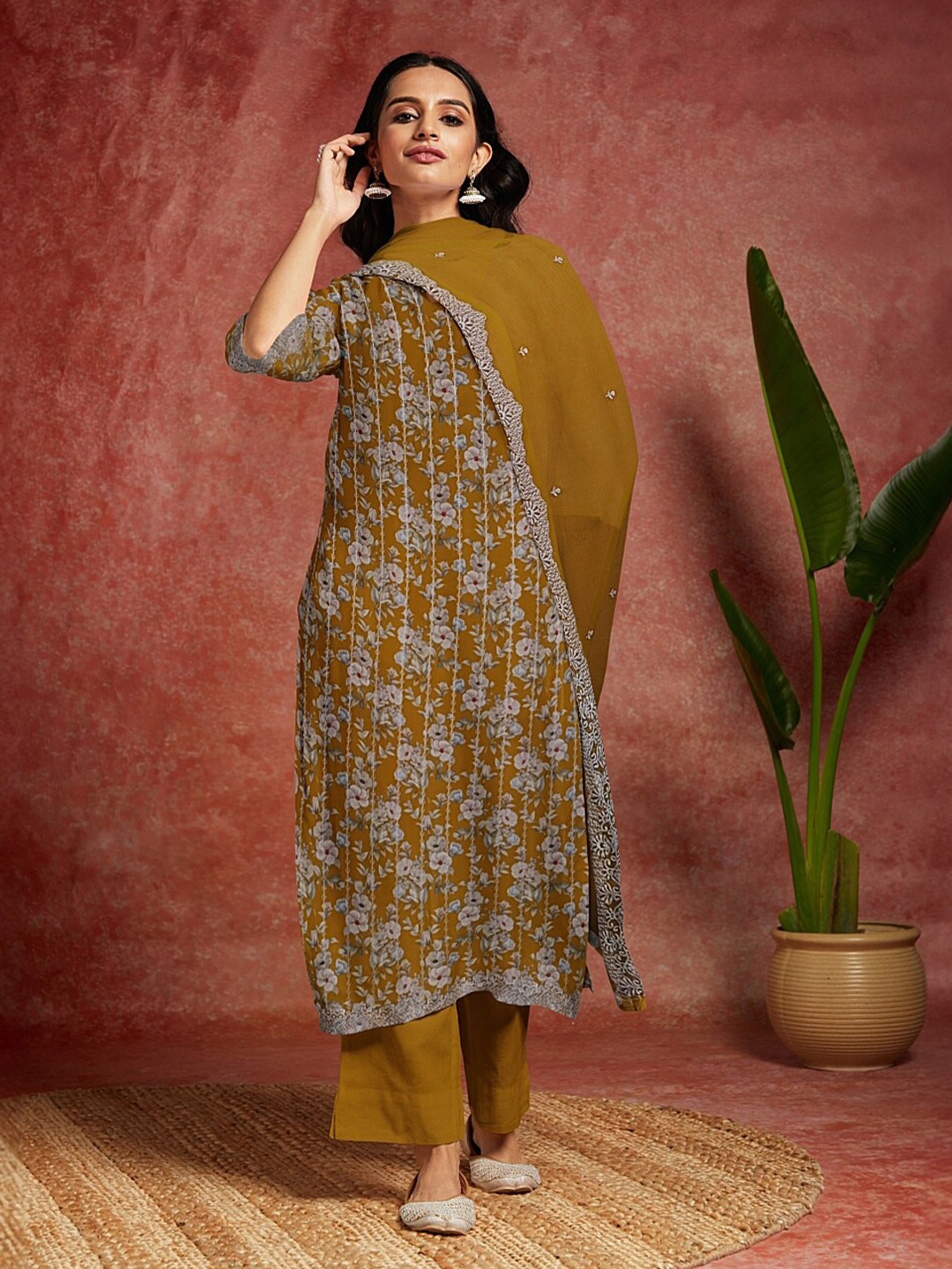 

Libas Floral Printed Unstitched Dress Material, Mustard