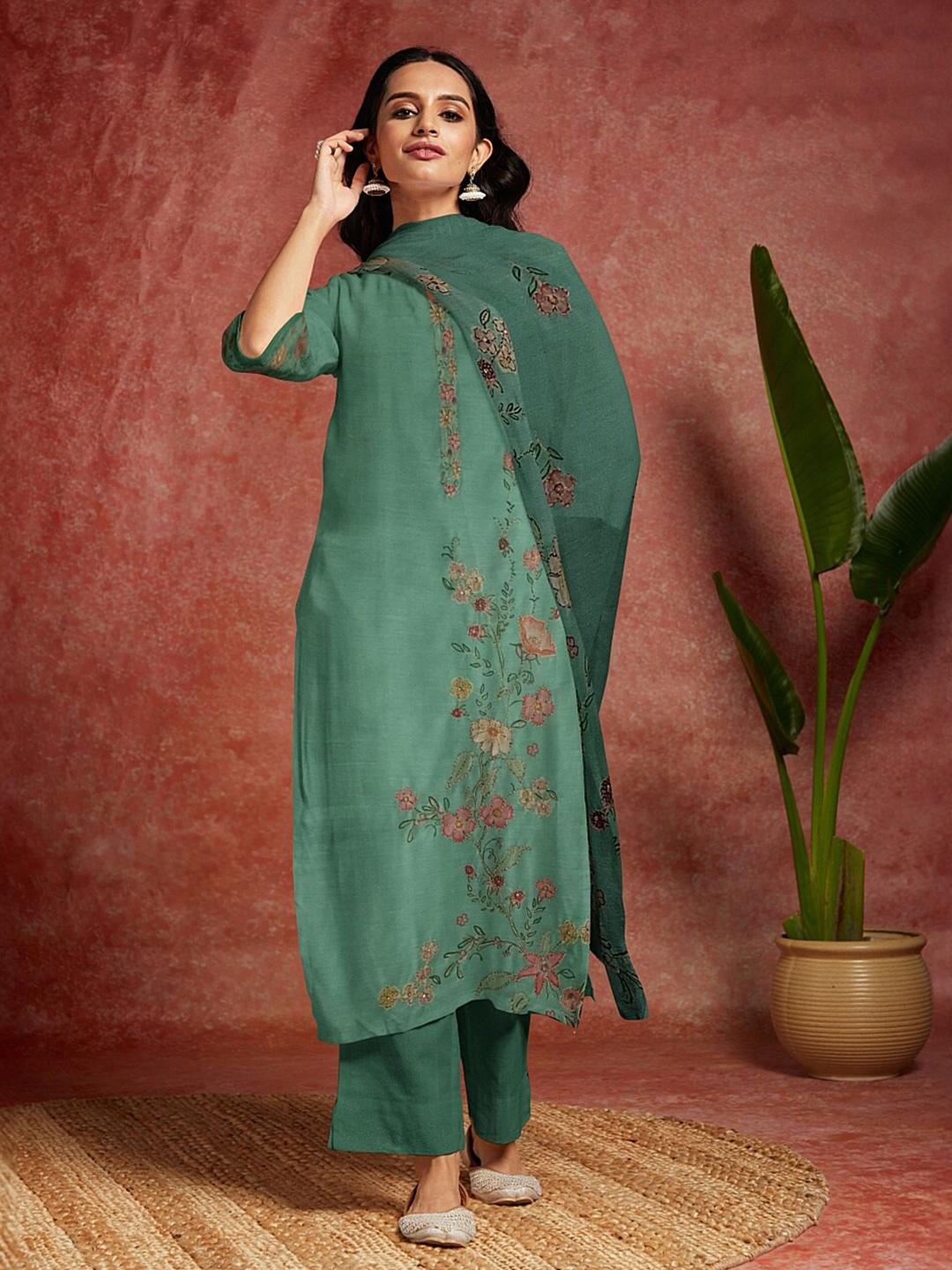 

Libas Floral Printed Organza Unstitched Dress Material, Green