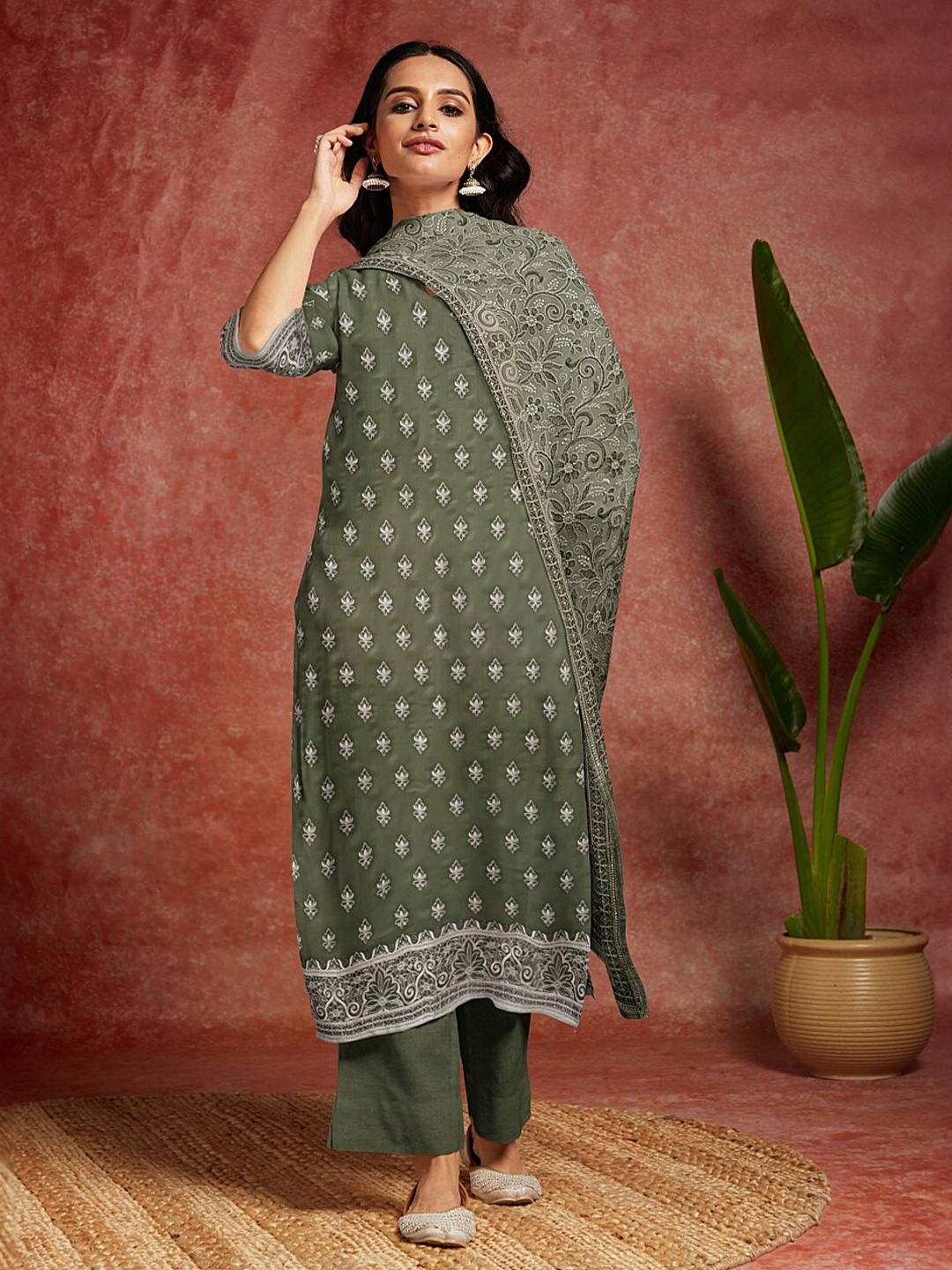 

Libas Ethnic Motifs Printed Organza Unstitched Dress Material, Green