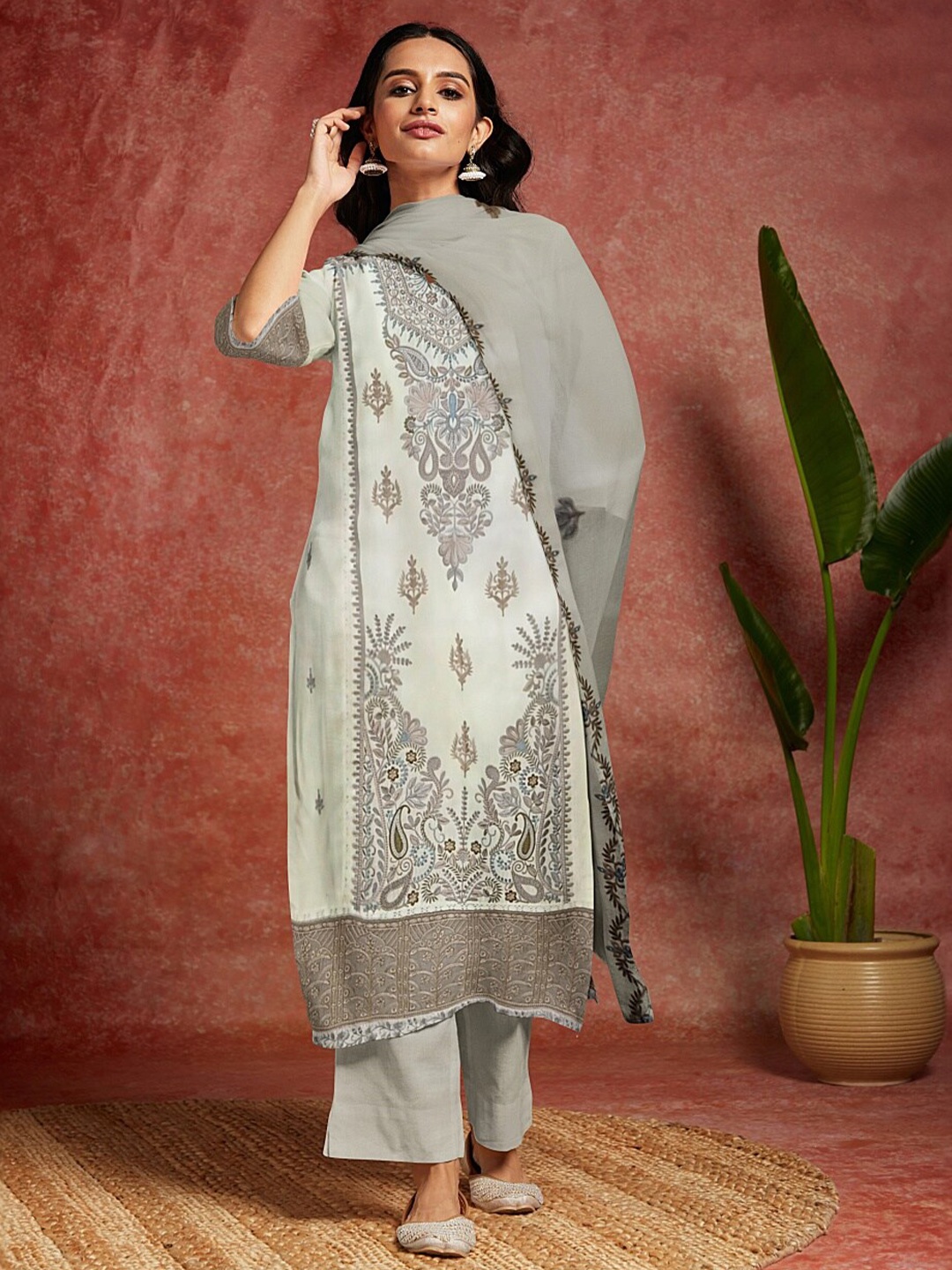 

Libas Ethnic Motifs Printed Organza Unstitched Dress Material, Cream