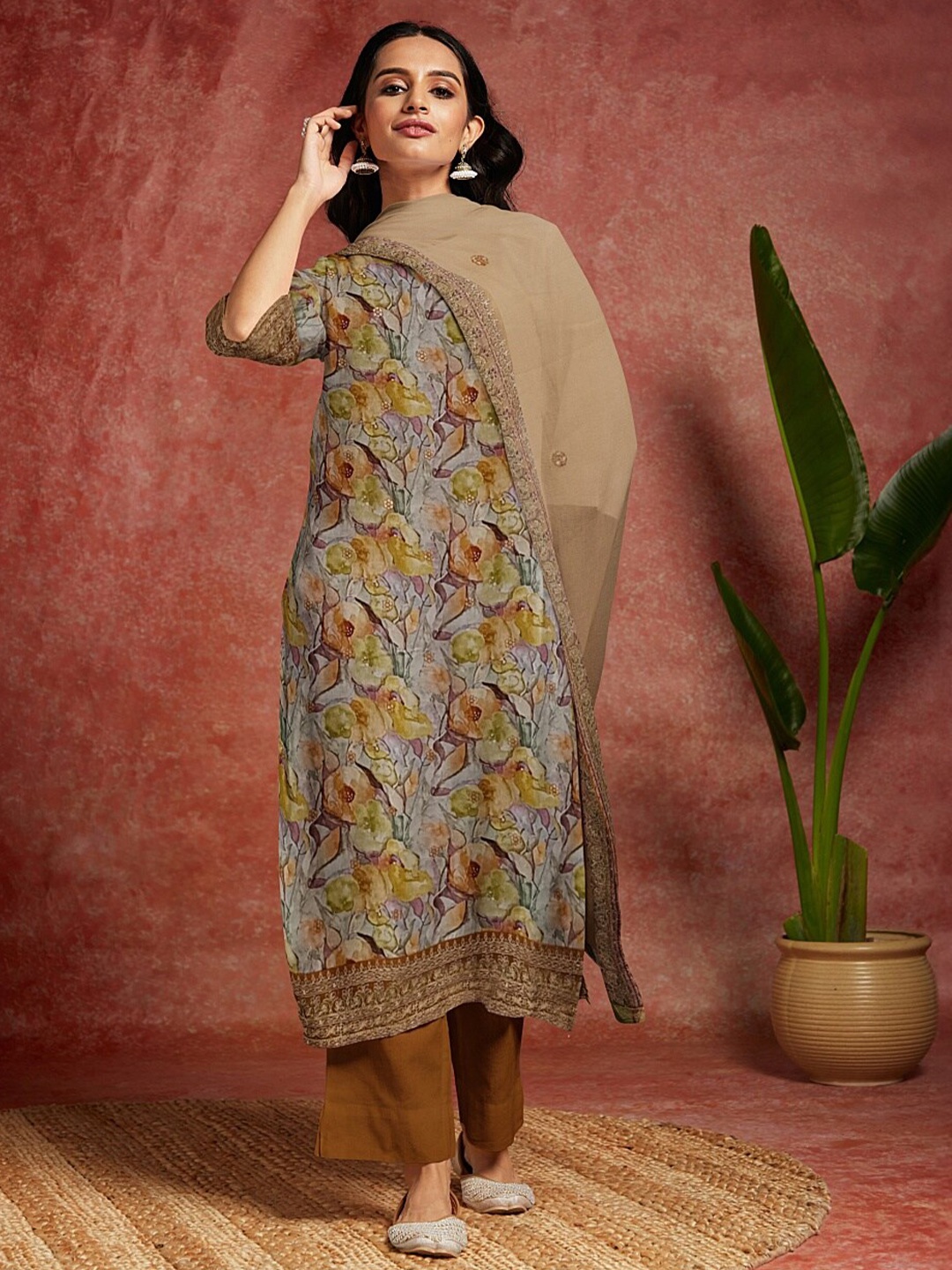 

Libas Floral Printed Organza Unstitched Dress Material, Mustard