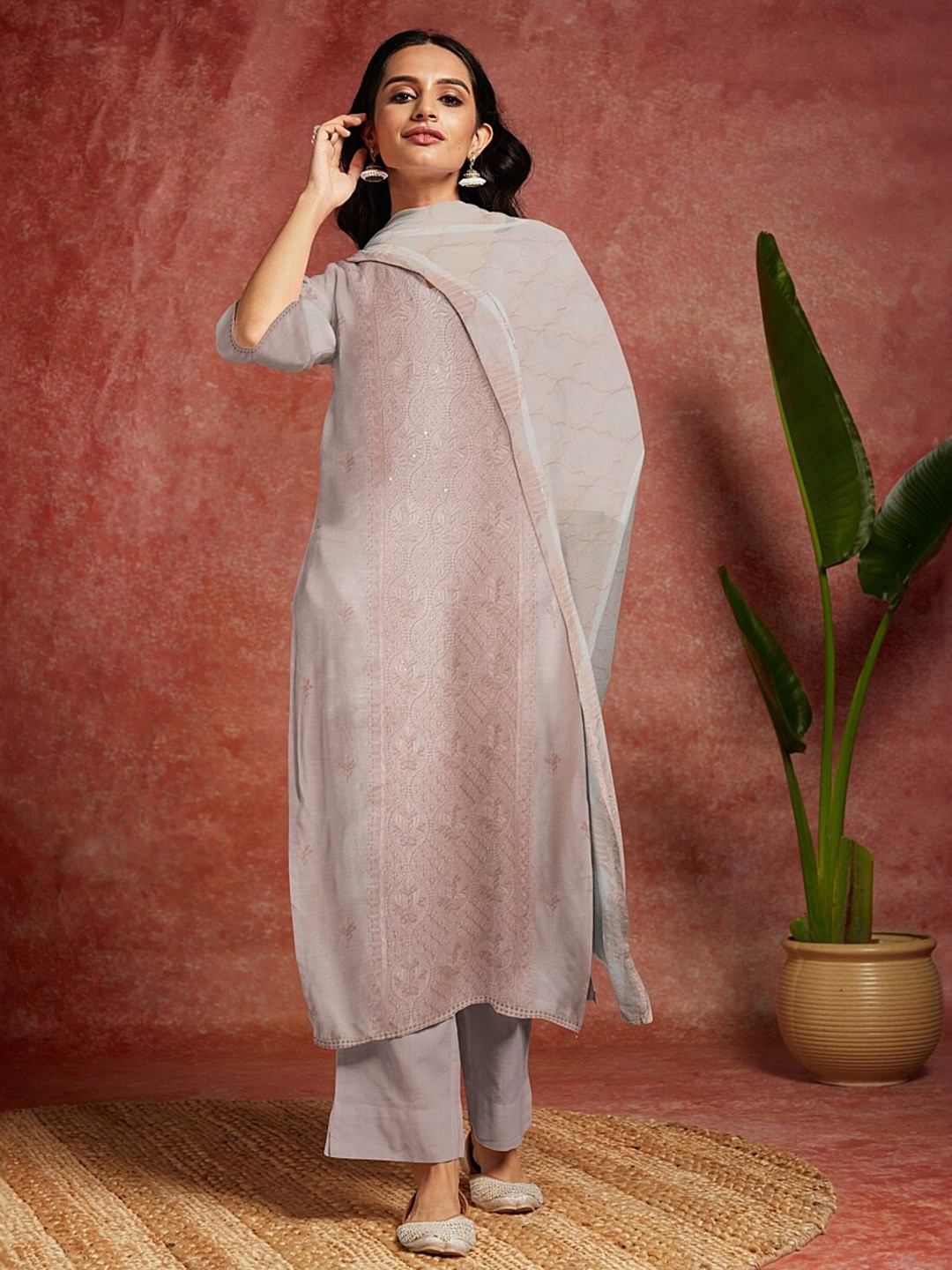 

Libas Ethnic Motifs Woven Design Sequined Unstitched Dress Material, Pink
