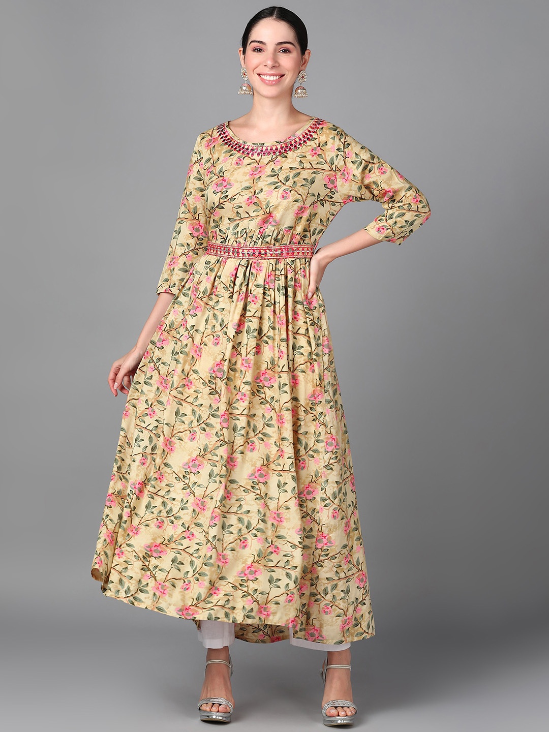 

AAYUMI Floral Printed Anarkali Kurta, Yellow