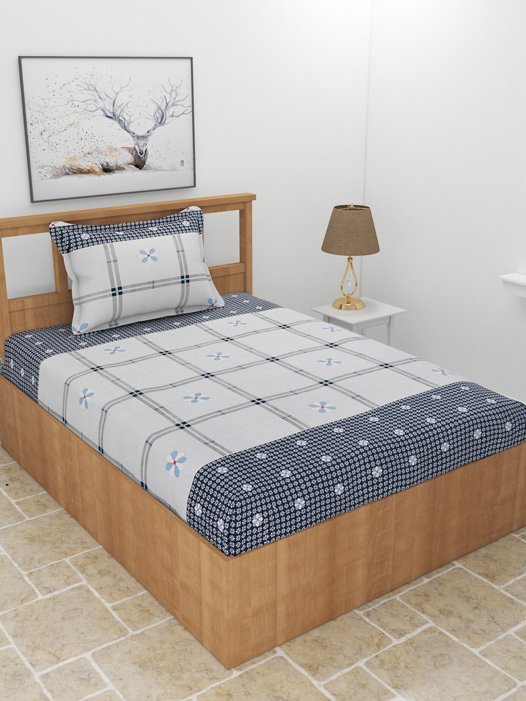 

BREVARD Grey & White Printed Cotton 210 TC Single Bedsheet With 1 Pillow Cover