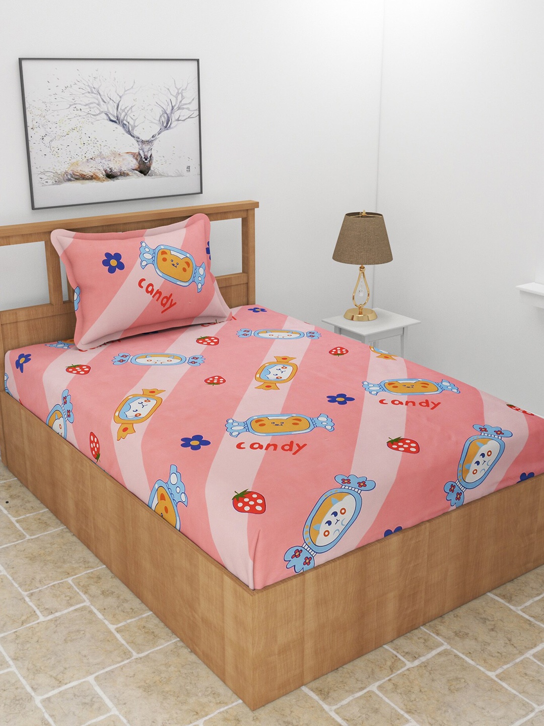 

BREVARD Pink & White Printed 210 TC Single Bedsheet With 1 Pillow Cover