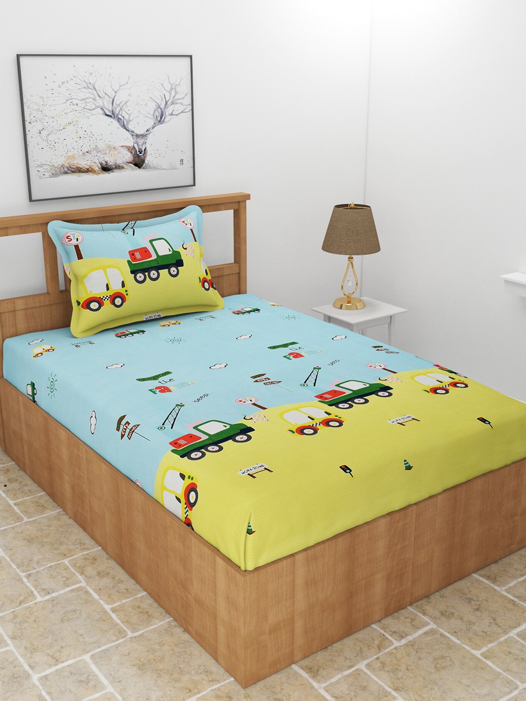 

BREVARD Yellow & Blue Cartoon Characters 210 TC Single Bedsheet with 1 Pillow Cover