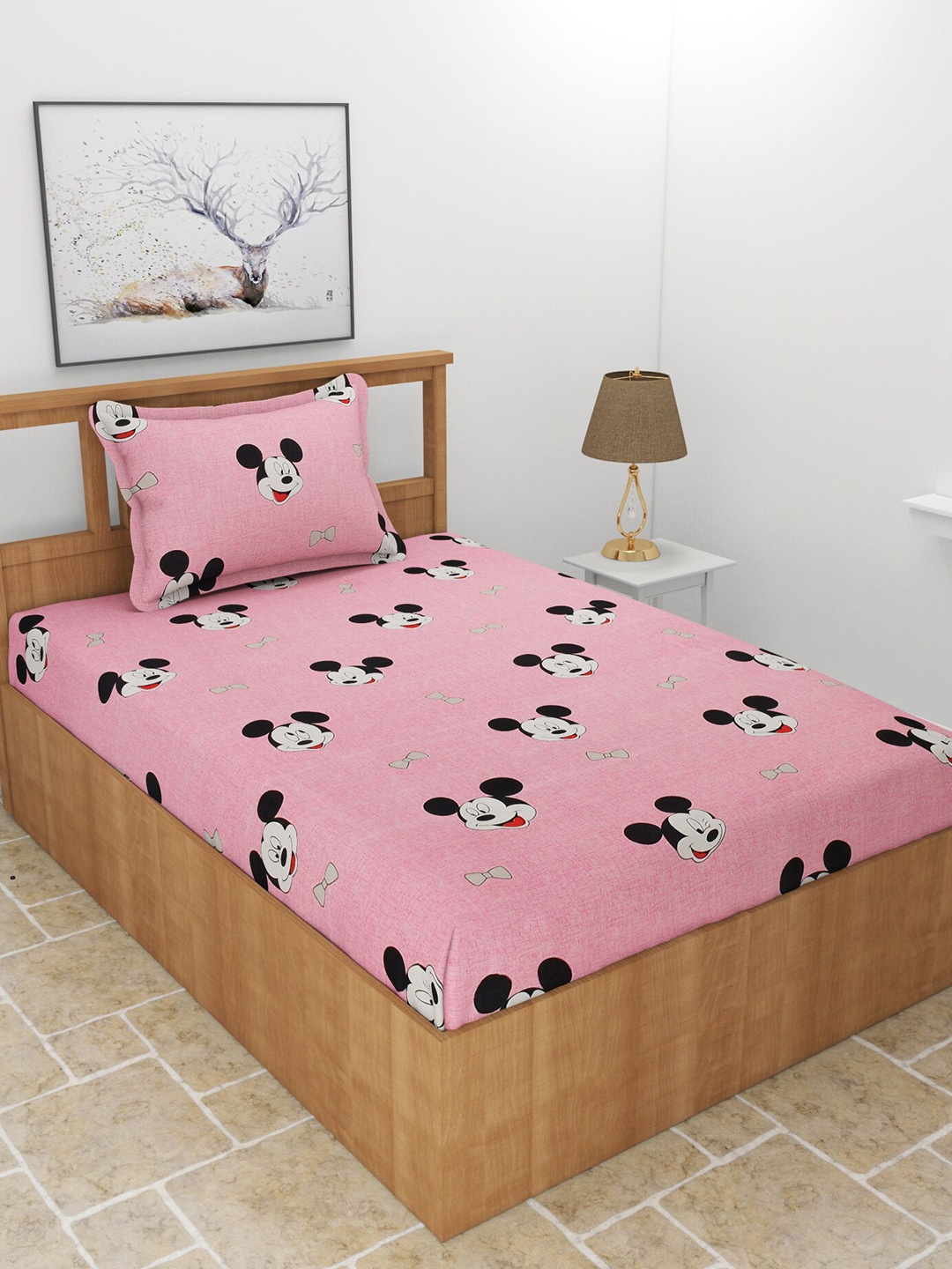 

BREVARD Pink & Black Mickey Mouse 210 TC Single Bedsheet with 1 Pillow Cover