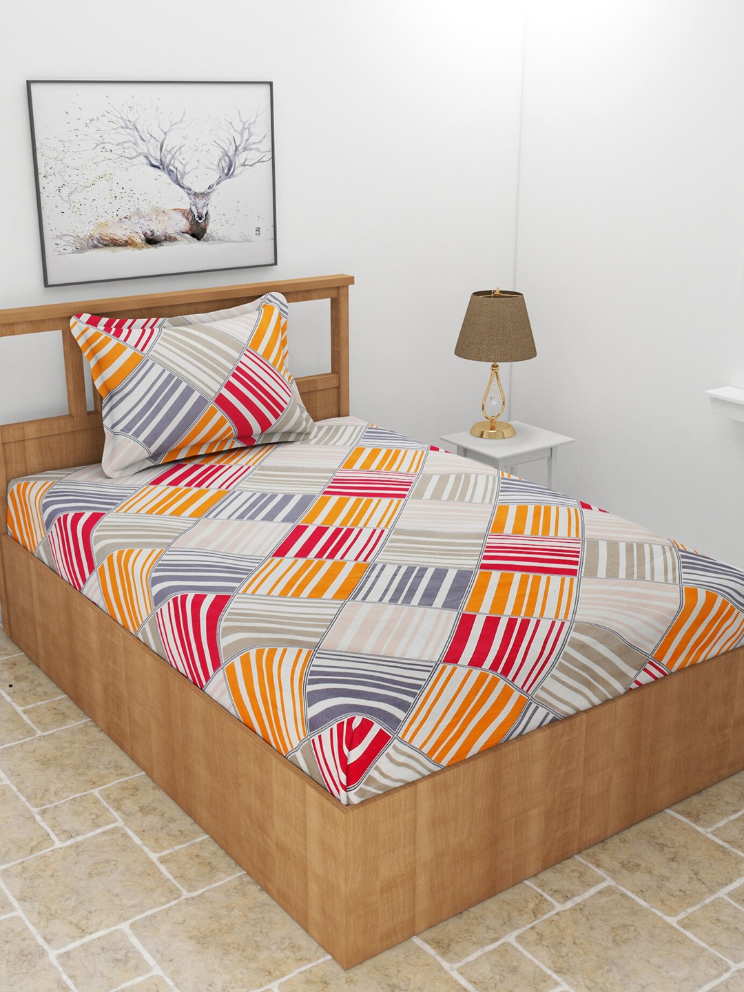 

BREVARD Grey & Orange Geometric 180 TC Single Bedsheet With 1 Pillow Cover