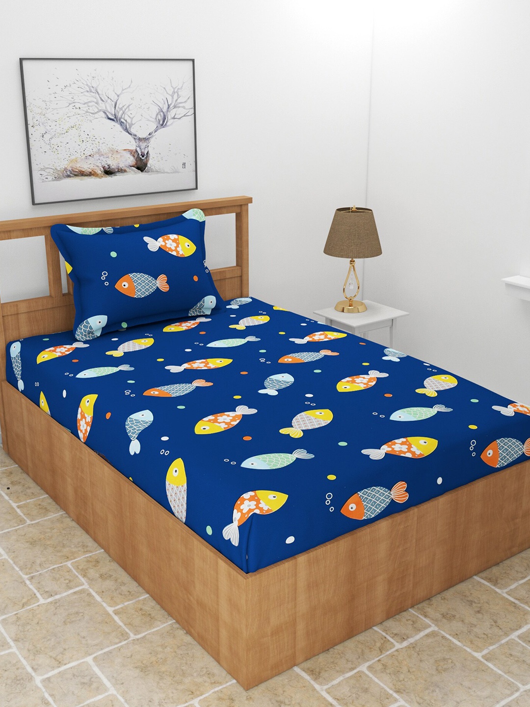 

BREVARD Blue & White Graphic 210 TC Single Bedsheet With 1 Pillow Cover