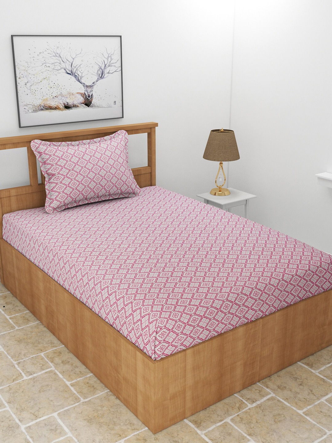 

BREVARD Pink & Grey Printed Cotton 210 TC Single Bedsheet With 1 Pillow Cover