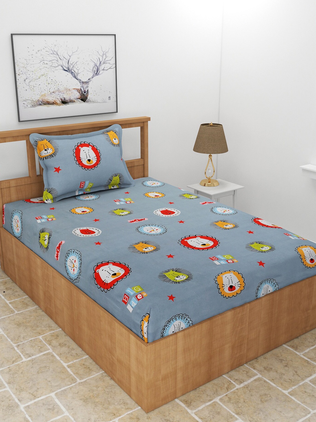 

BREVARD Grey & Orange Cartoon Characters 180 TC Single Bedsheet With 1 Pillow Cover