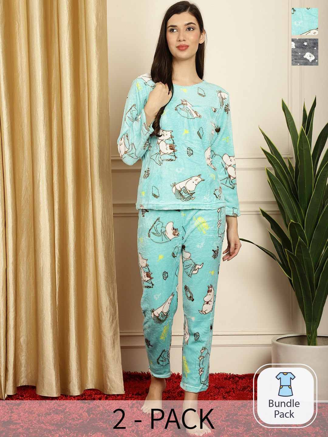 

TAG 7 Pack Of 2 Conversational Printed Velvet Set Top With Lounge Pant, Turquoise blue