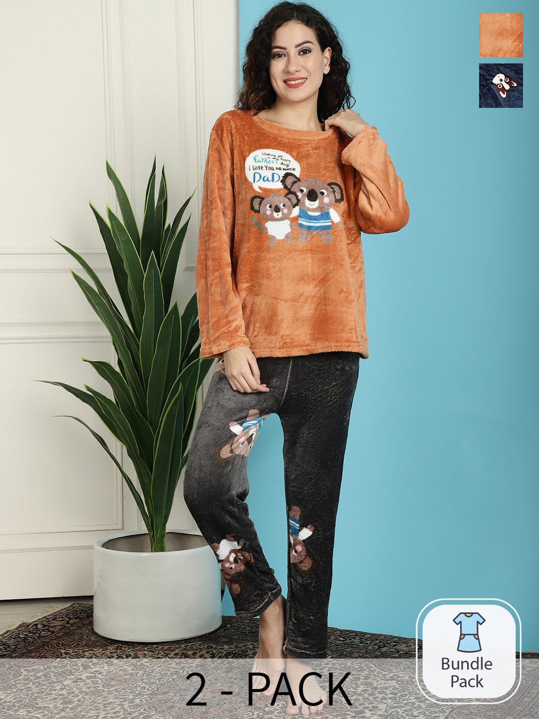 

TAG 7 Pack Of 2 Conversational Printed Long Sleeves Wool Fur Night Suits, Orange