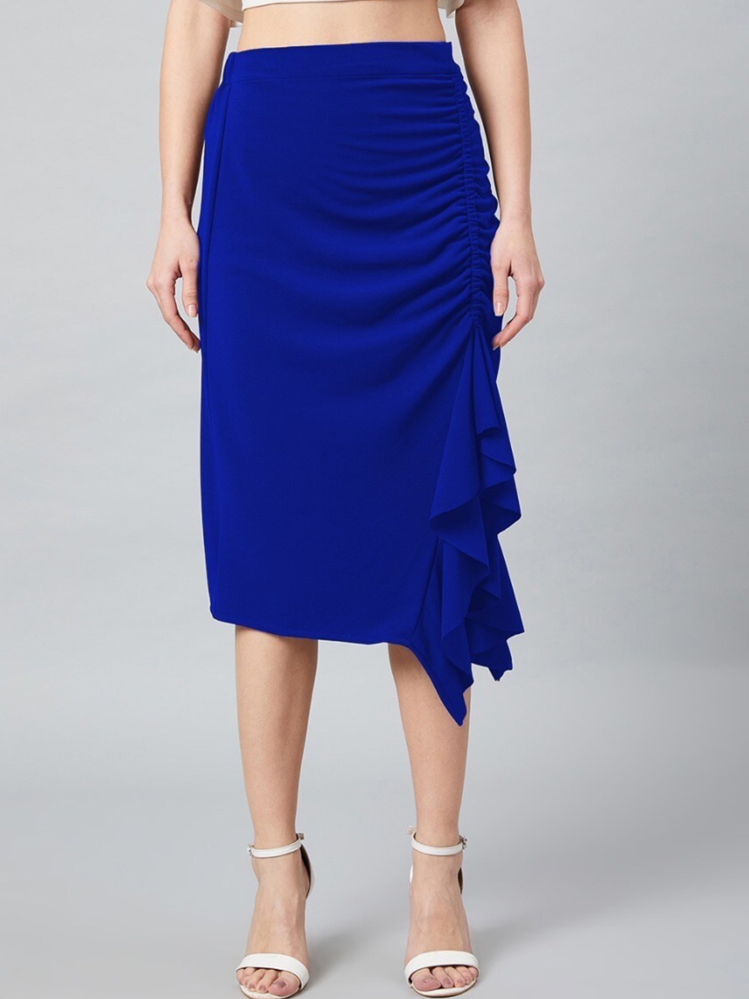 

Athena Blue A-Line Midi Skirt With Front Frill Detail