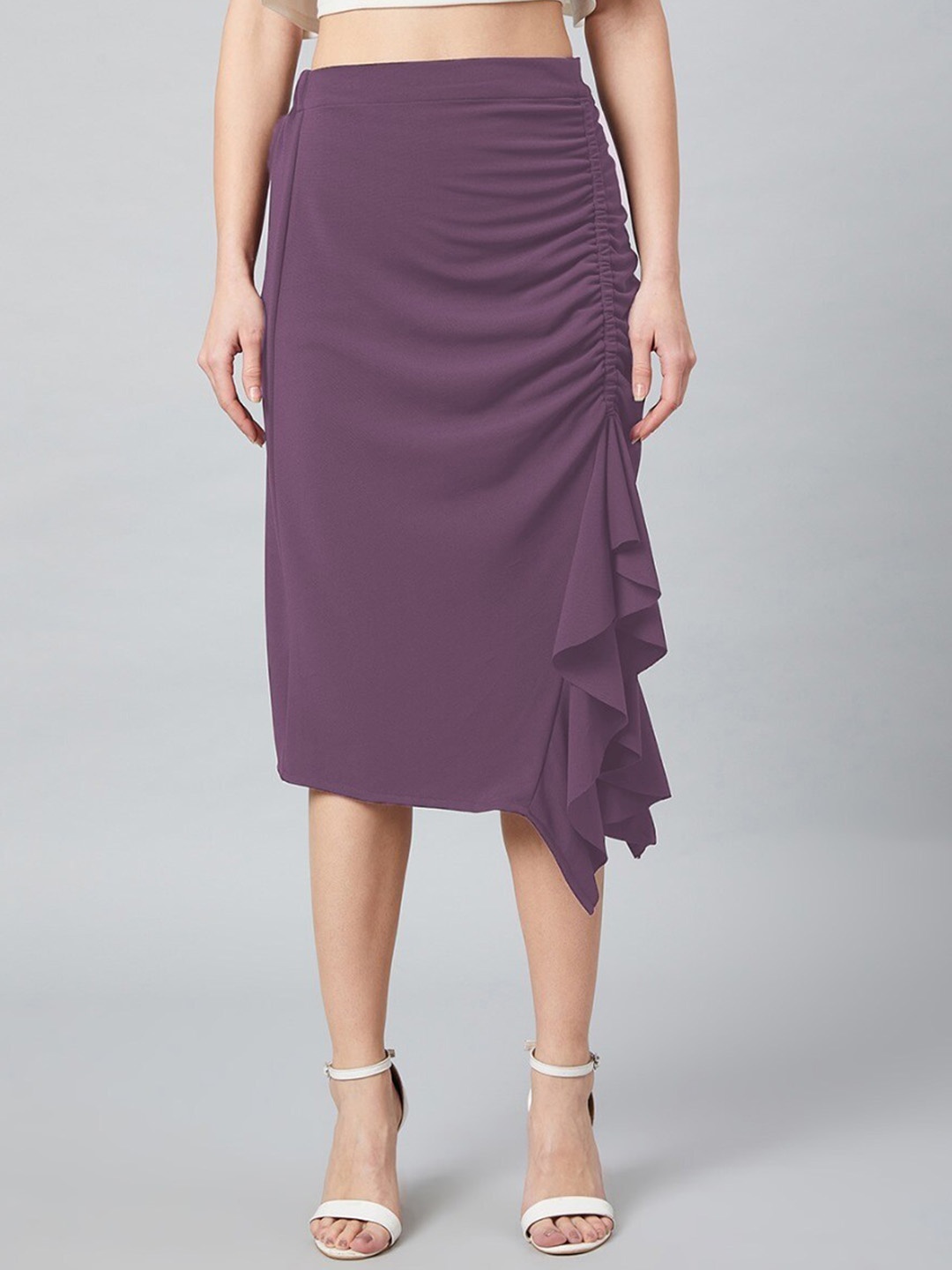 

Athena Purple A-Line Midi Skirt With Front Frill Detail