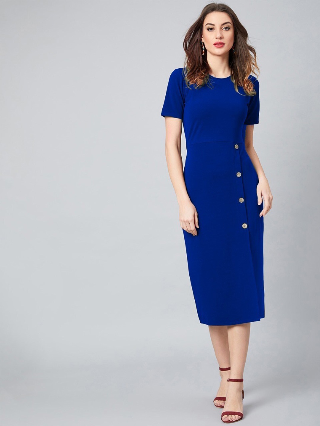 

Athena Round Neck Scuba Sheath Midi Dress, Blue