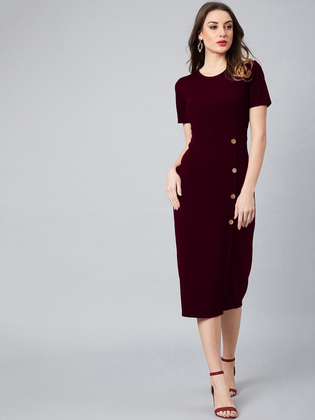 

Athena Round Neck Scuba Sheath Midi Dress, Maroon