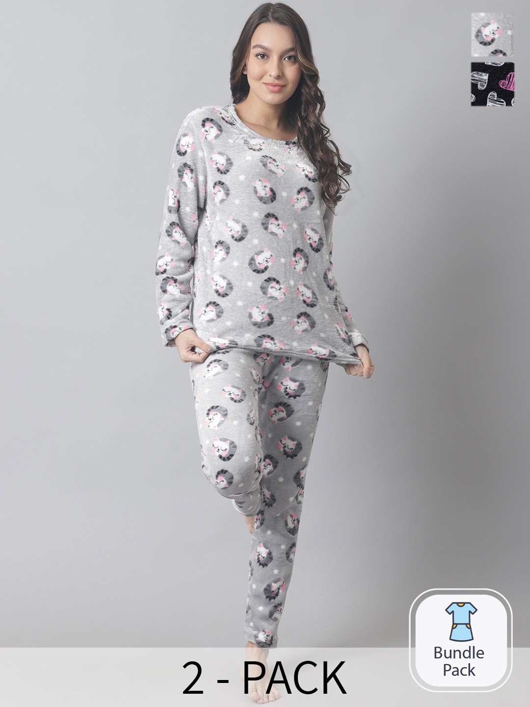 

TAG 7 Pack Of 2 Graphic Printed Round Neck Long Sleeve Night suits, Black