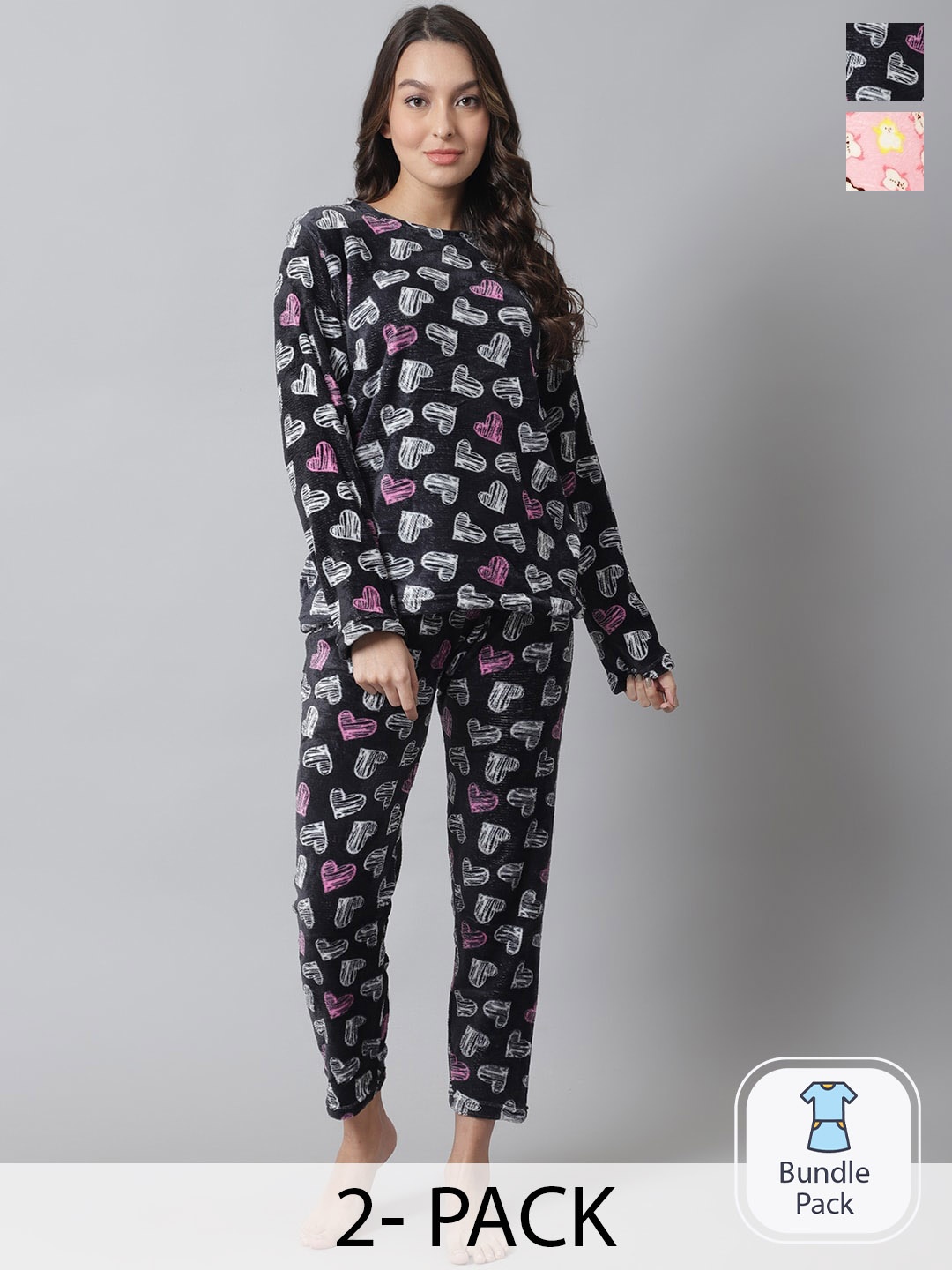 

TAG 7 Pack Of 2 Conversational Printed Woollen Night suits, Black