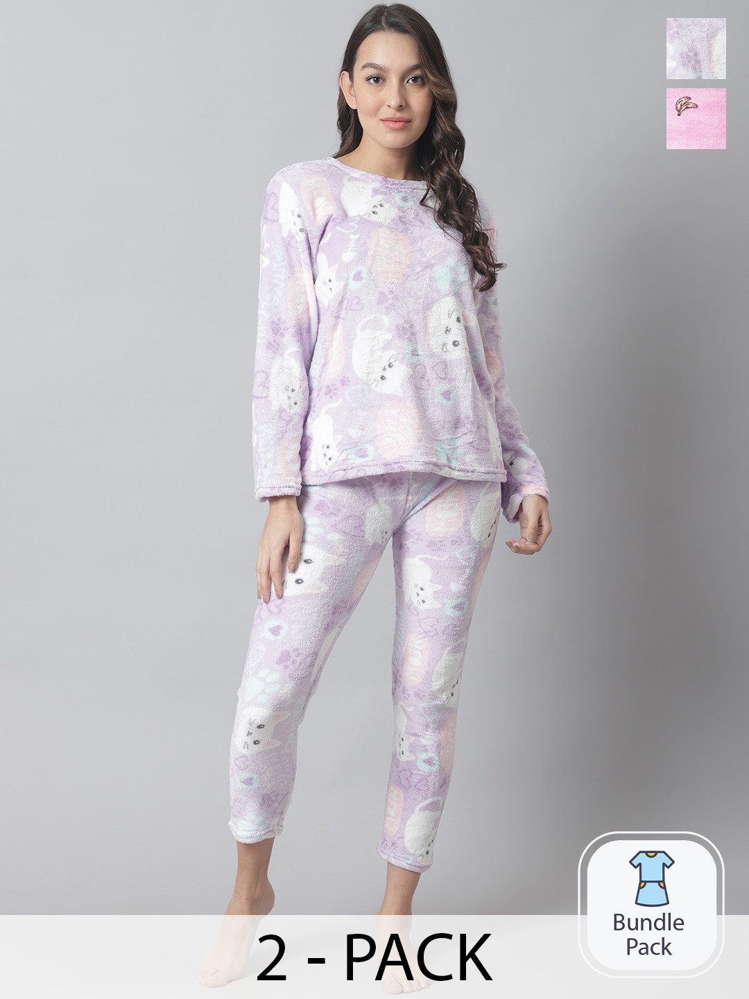 

TAG 7 Pack Of 2 Graphic Printed Round Neck Long Sleeve Night suits, Pink