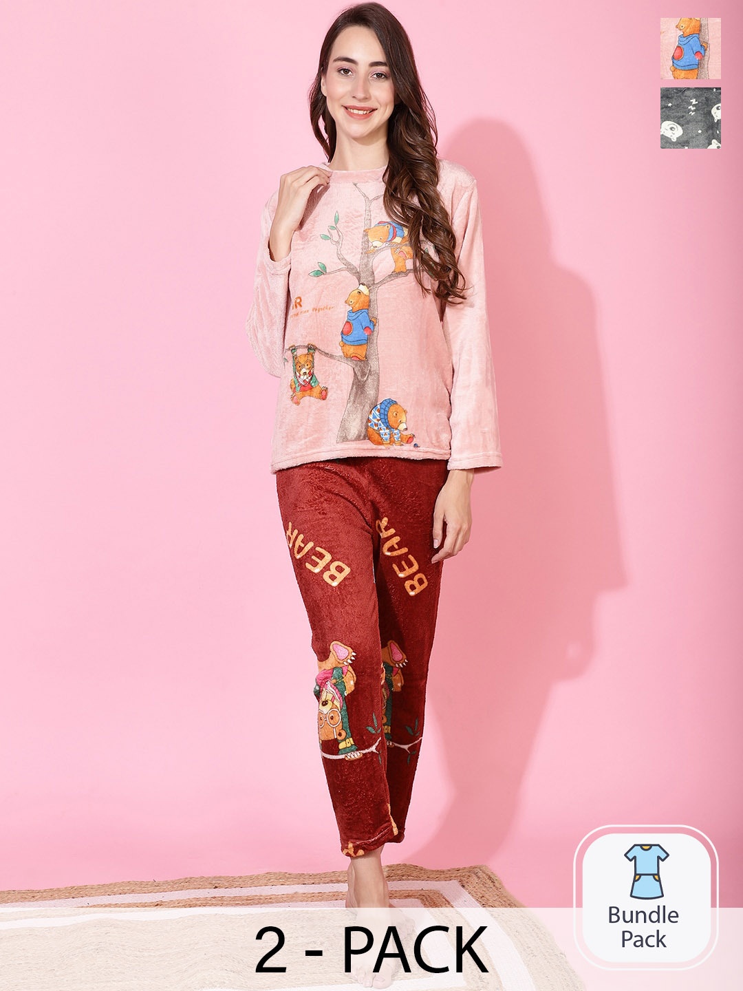 

TAG 7 Pack Of 2 Graphic Printed Night suit, Pink