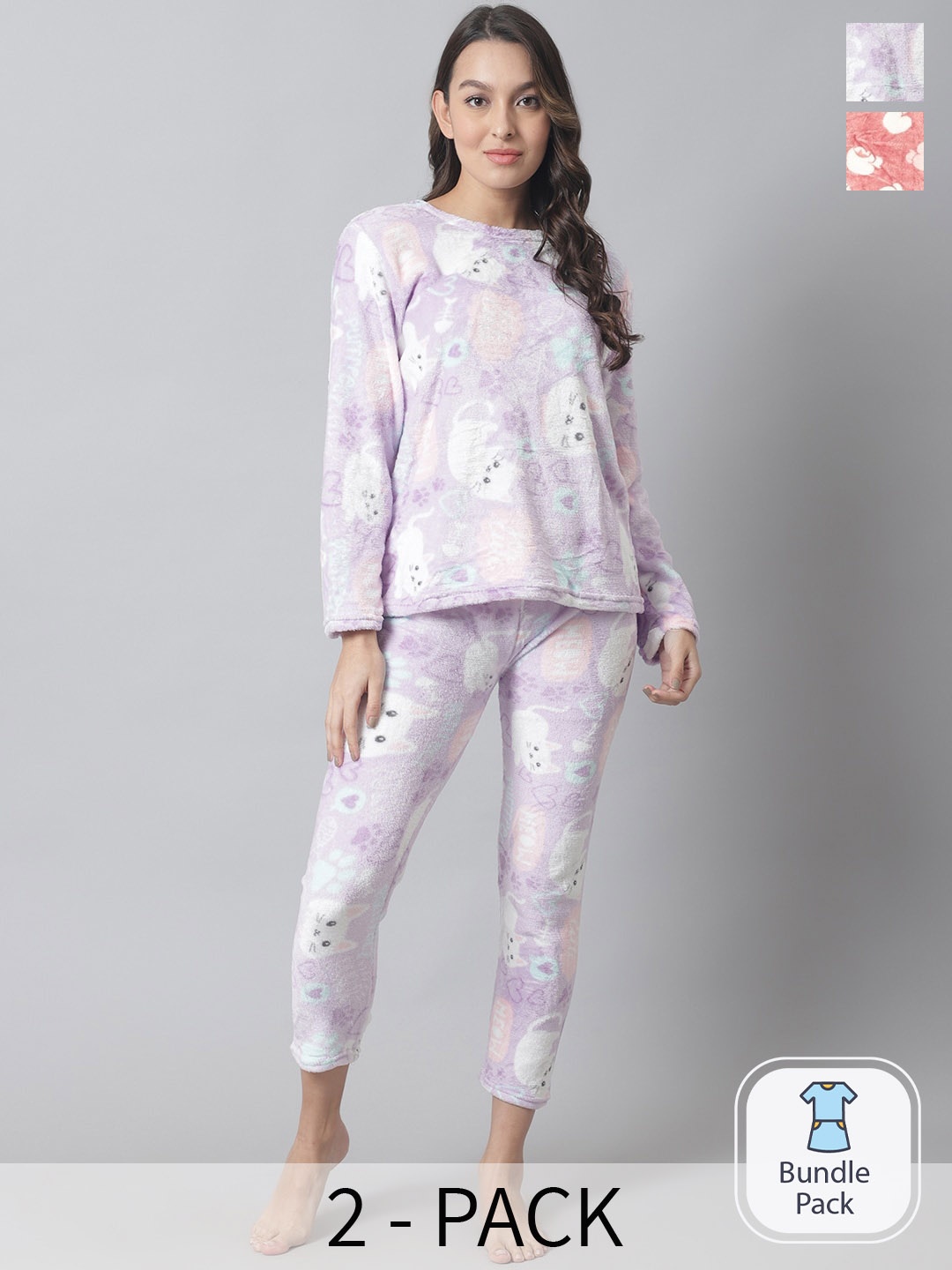 

TAG 7 Pack Of 2 Conversational Printed Long Sleeves Wool Fur Night Suits, Lavender