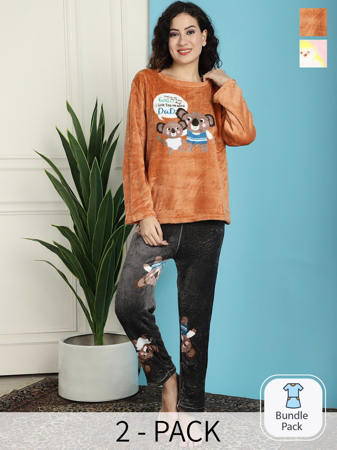 

TAG 7 Pack Of 2 Graphic Printed Woollen Night suits, Orange