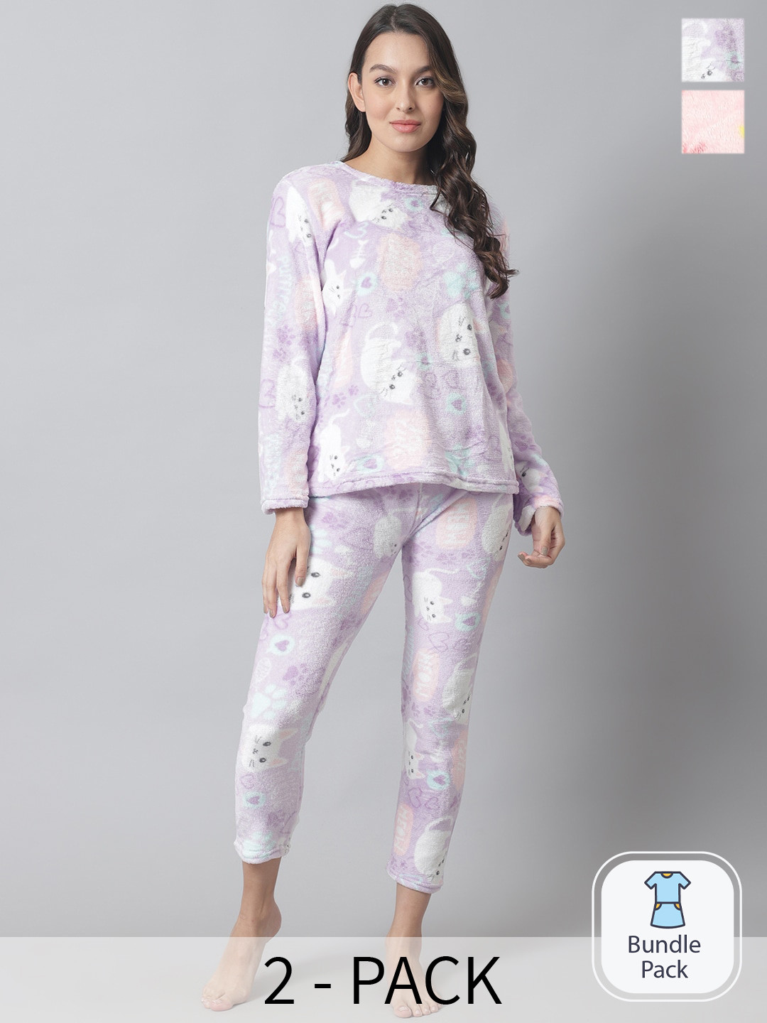 

TAG 7 Pack Of 2 Conversational Printed Long Sleeves Wool Fur Night Suits, Lavender