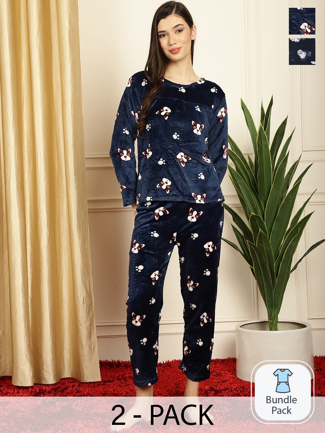 

TAG 7 Pack Of 2 Conversational Printed Velvet Set Top With Lounge Pant, Navy blue