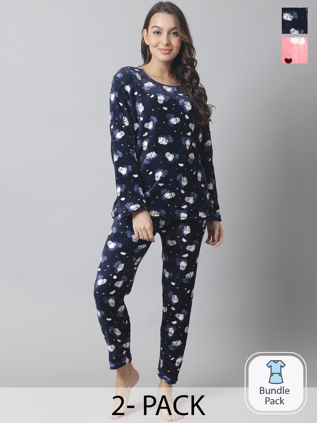 

TAG 7 Pack Of 2 Conversational Printed Lycra Night Suits, Navy blue