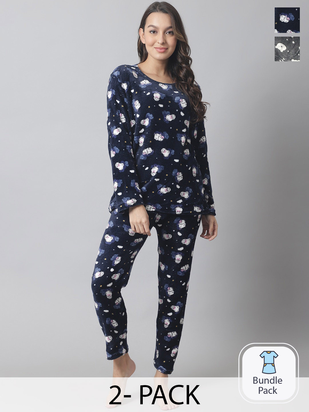 

TAG 7 Pack of 2 Cartoon Characters Printed Wool Fur Night Suit, Navy blue