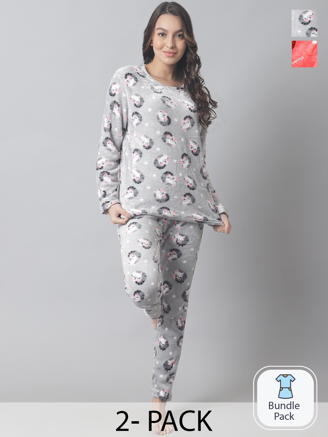 

TAG 7 Pack of 2 Cartoon Characters Printed Wool Fur Night Suit, Grey