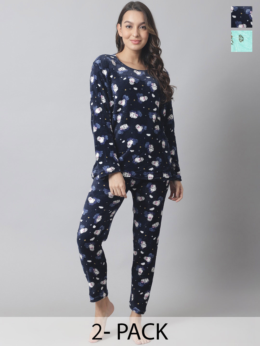 

TAG 7 Pack Of 2 Conversational Printed Velvet Set Top With Lounge Pant, Navy blue