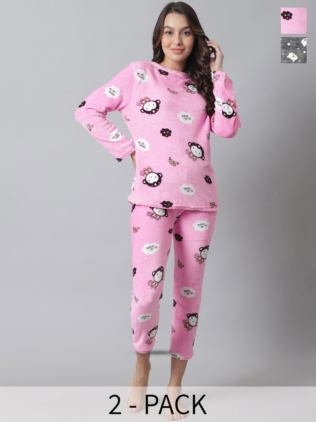 

TAG 7 Pack Of 2 Conversational Printed Woollen Night suits, Pink