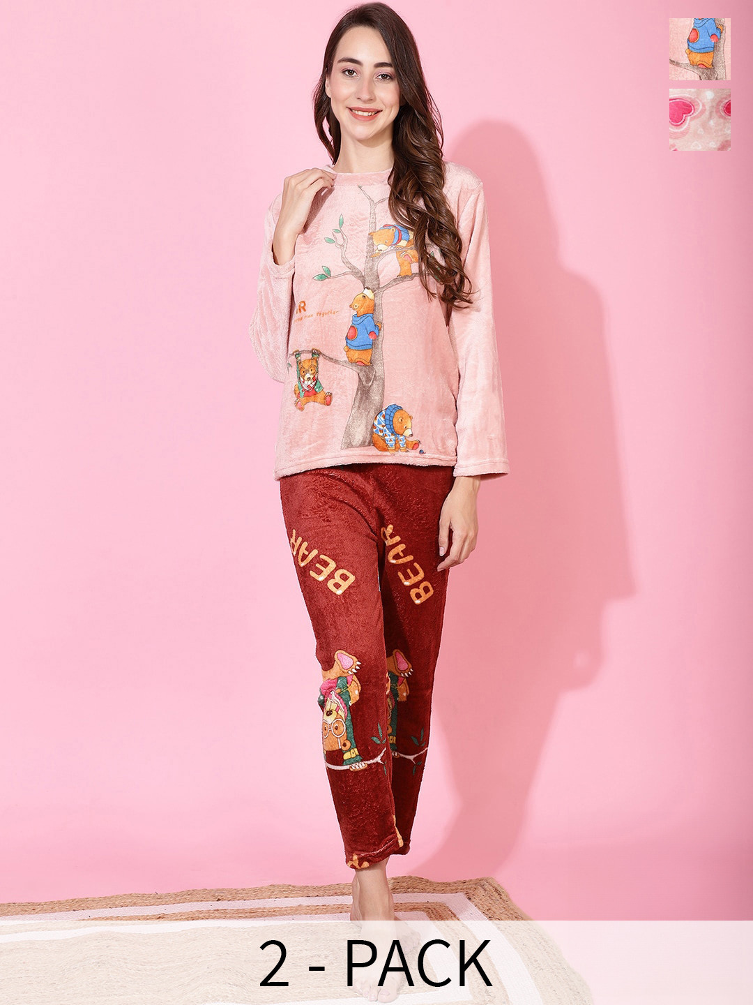 

TAG 7 Pack Of 2 Graphic Printed Night Suit, Pink