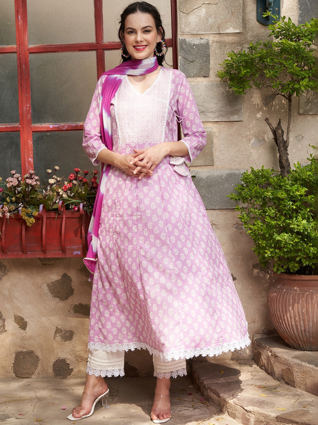 

Sangria Purple & White Printed Pure Cotton Angrakha Kurta With Palazzos & Dupatta