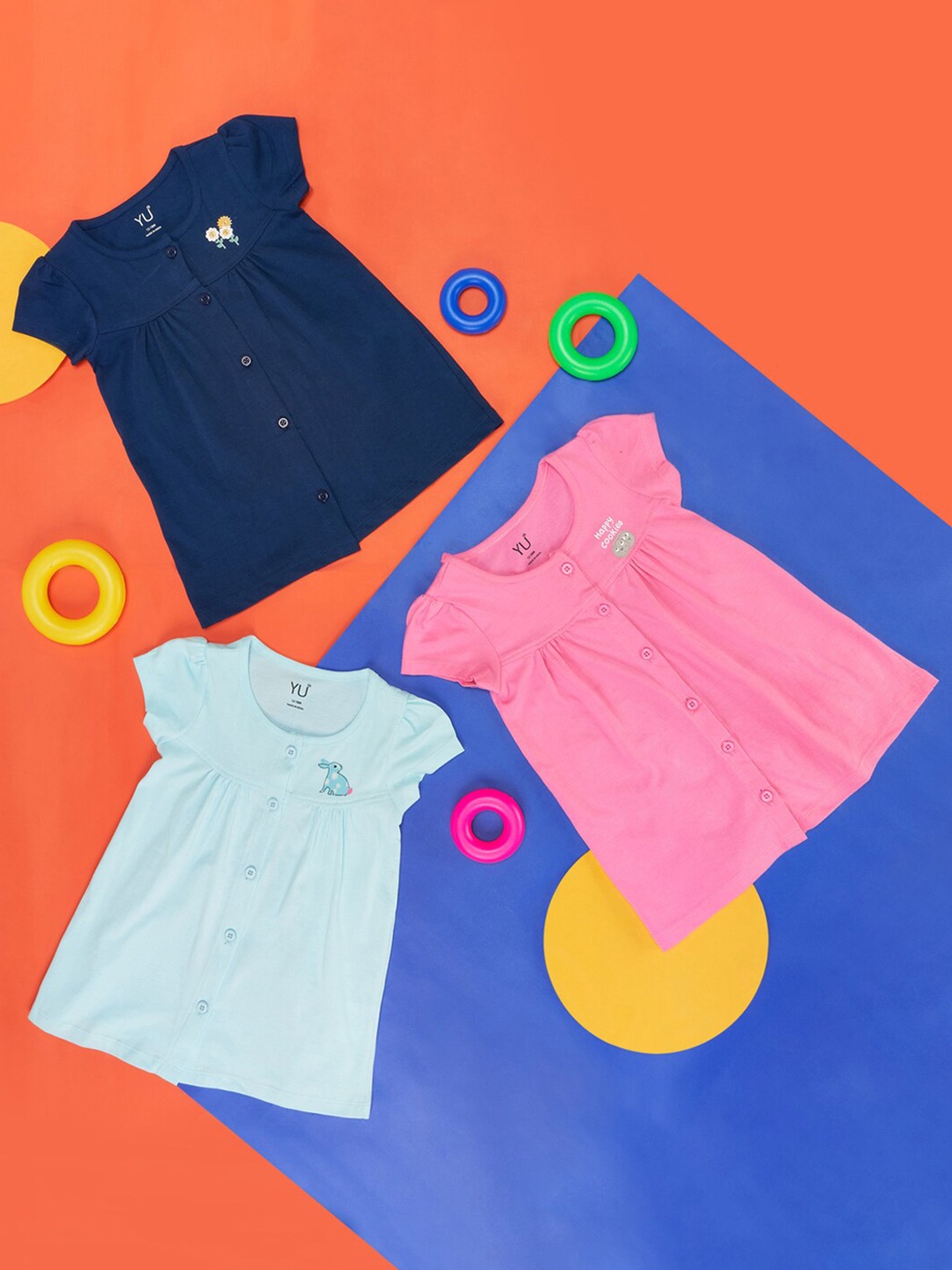 

YU by Pantaloons Girls Pack of 3 Puff Sleeves Cotton A-Line Dress, Navy blue