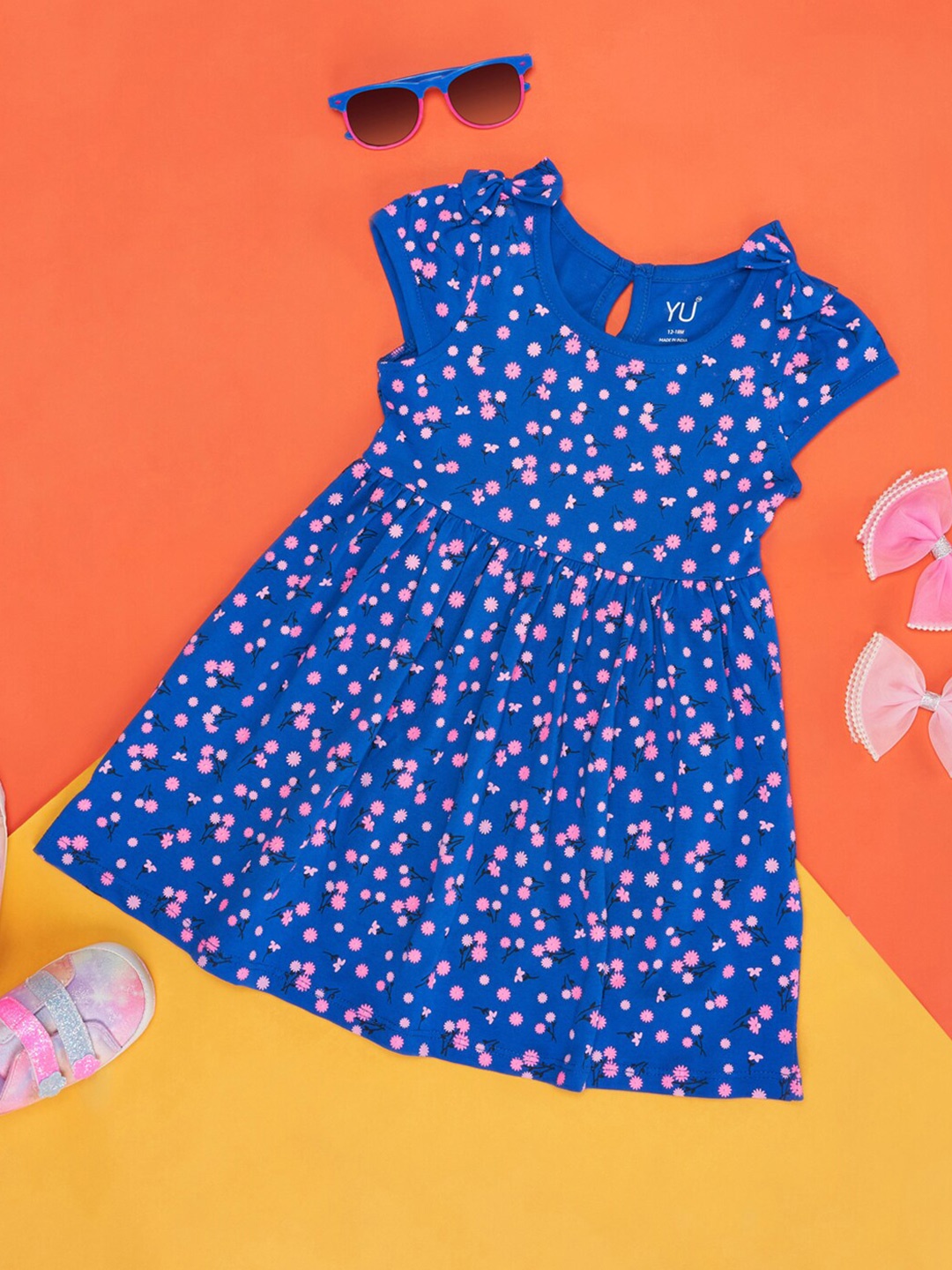 

YU by Pantaloons Infants Floral Printed Cap Sleeves Cotton Fit & Flare Dress, Blue