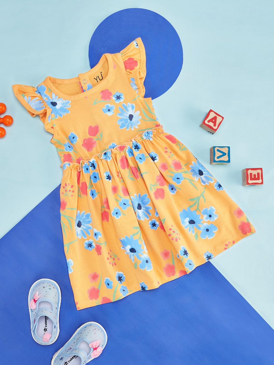

YU by Pantaloons Floral Printed Flutter Sleeve Cotton Fit & Flare Dress, Orange