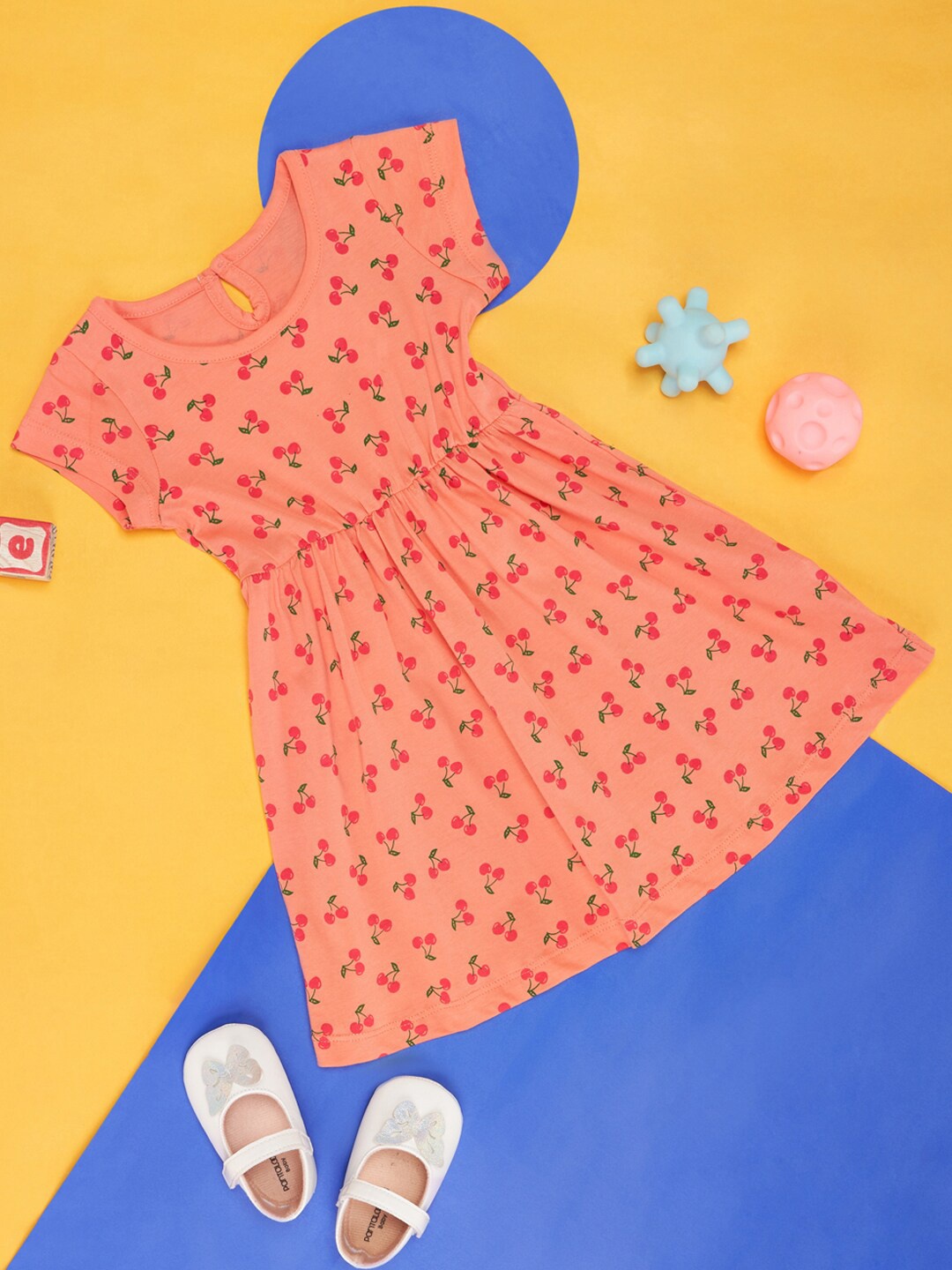 

YU by Pantaloons Girls Conversational Printed Cotton Fit & Flare Dress, Peach