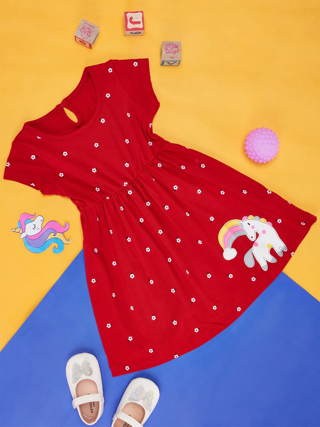 

YU by Pantaloons Infants Graphic Printed Gathered Cotton Fit & Flare Dress, Maroon