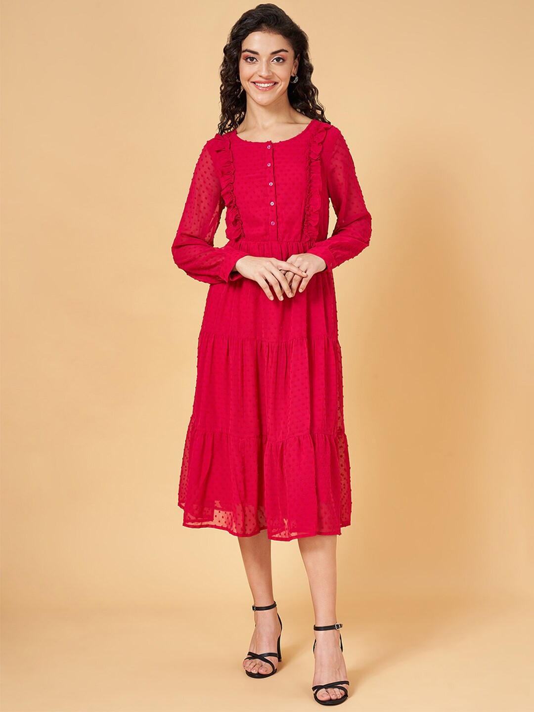 

YU by Pantaloons Self Design Gathered Pure Cotton Fit & Flare Midi Dress, Pink
