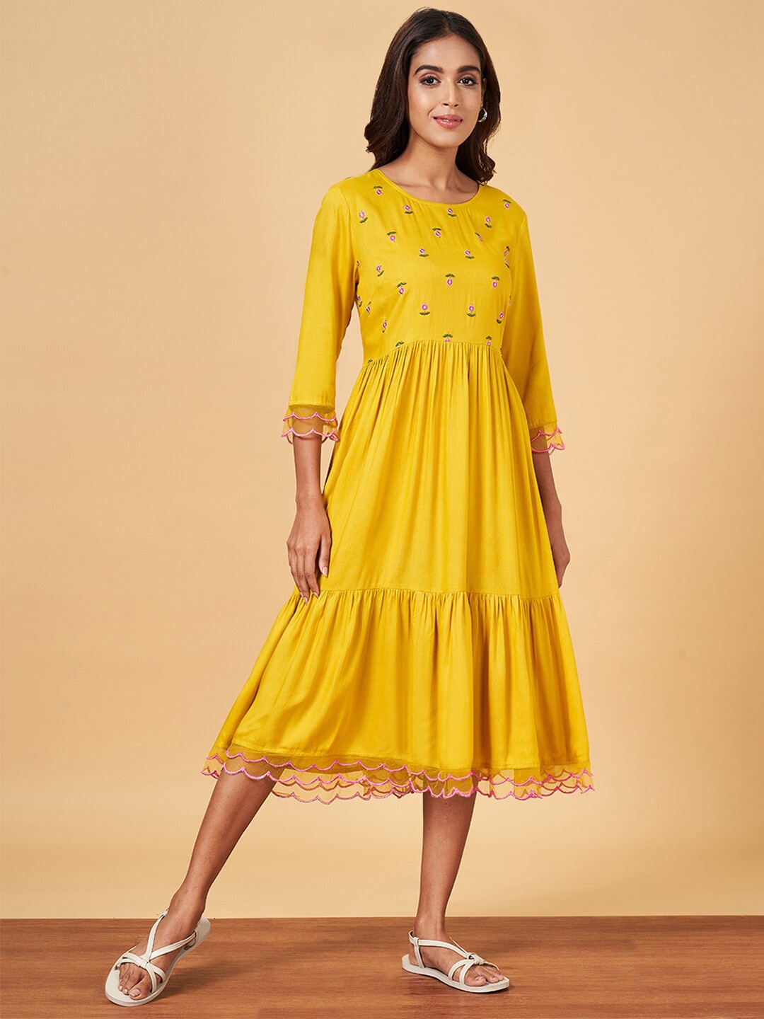 

YU by Pantaloons Ethnic Motifs Embroidered Gathered Detail Fit and Flare Dress, Yellow