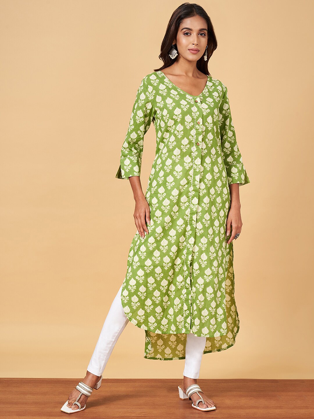 

YU by Pantaloons Ethnic Motifs Printed Pure Cotton Kurta, Green