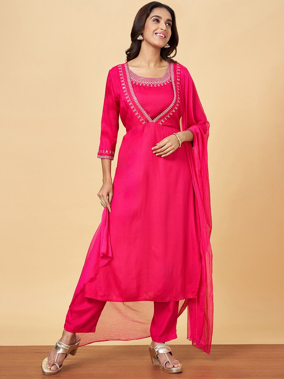 

YU by Pantaloons Ethnic Motifs Embroidered Sequinned Kurta With Trousers & Dupatta, Pink