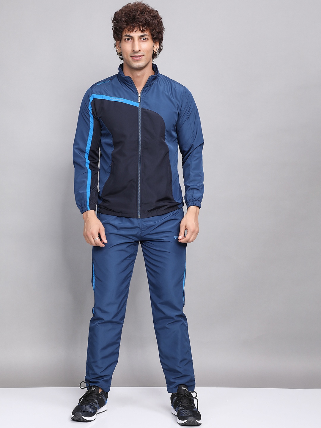 

SPORT SUN Colourblocked Mock Collar Sports Tracksuit, Navy blue